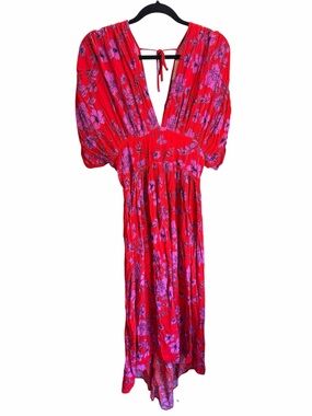 Band of Gypsies Red Floral V-Neck Maxi Dress